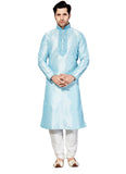 Saris and Things Blue Dupioni Raw Silk Readymade Ethnic Indian Kurta Pajama for Men