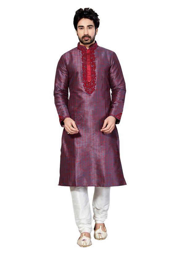 Saris and Things Maroon Ghicha Silk Readymade Ethnic Indian Kurta Pajama for Men