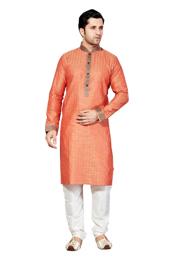 Saris and Things Orange Bhagalpuri Silk Readymade Ethnic Indian Kurta Pajama for Men