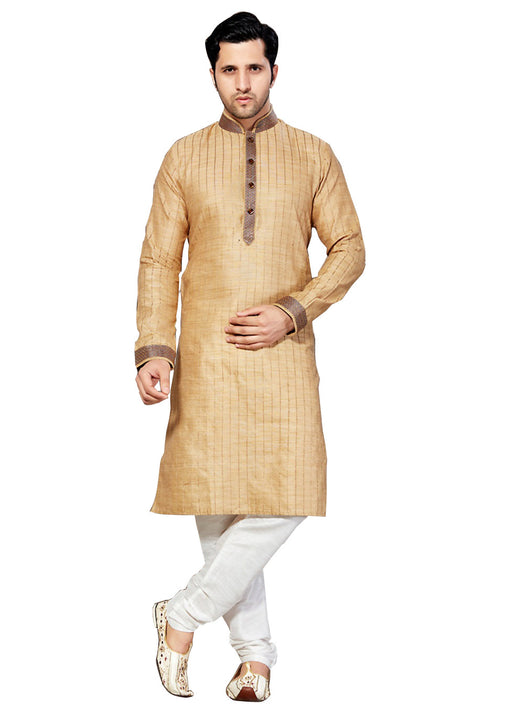 Saris and Things Beige Bhagalpuri Silk Readymade Ethnic Indian Kurta Pajama for Men