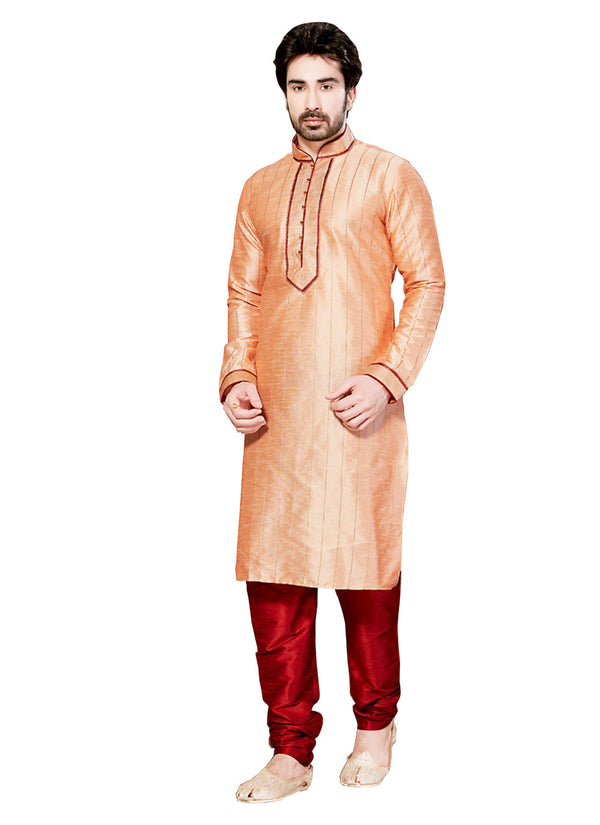 Saris and Things Orange Dupioni Raw Silk Readymade Ethnic Indian Kurta Pajama for Men