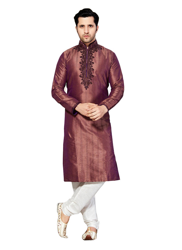 Saris and Things Brown Dupioni Raw Silk Readymade Ethnic Indian Kurta Pajama for Men