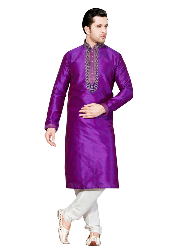 Saris and Things Purple Dupioni Raw Silk Readymade Ethnic Indian Kurta Pajama for Men