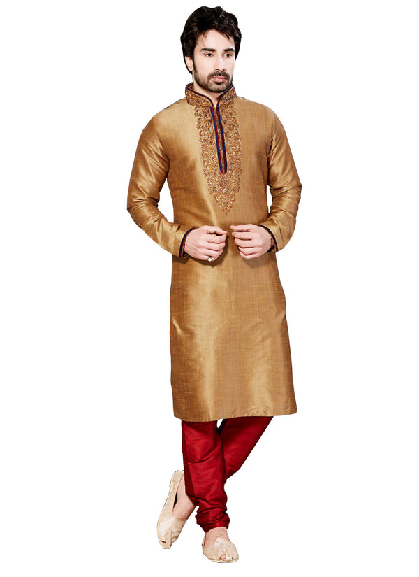 Saris and Things Brown Dupioni Raw Silk Readymade Ethnic Indian Kurta Pajama for Men