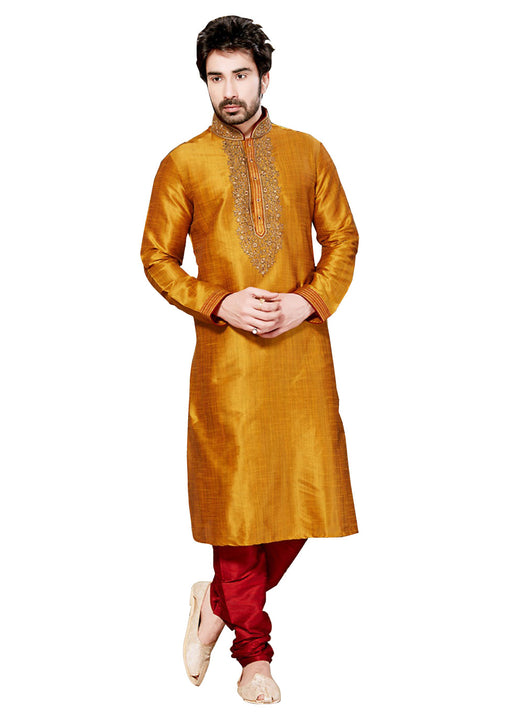 Saris and Things Gold Ghicha Silk Readymade Ethnic Indian Kurta Pajama for Men