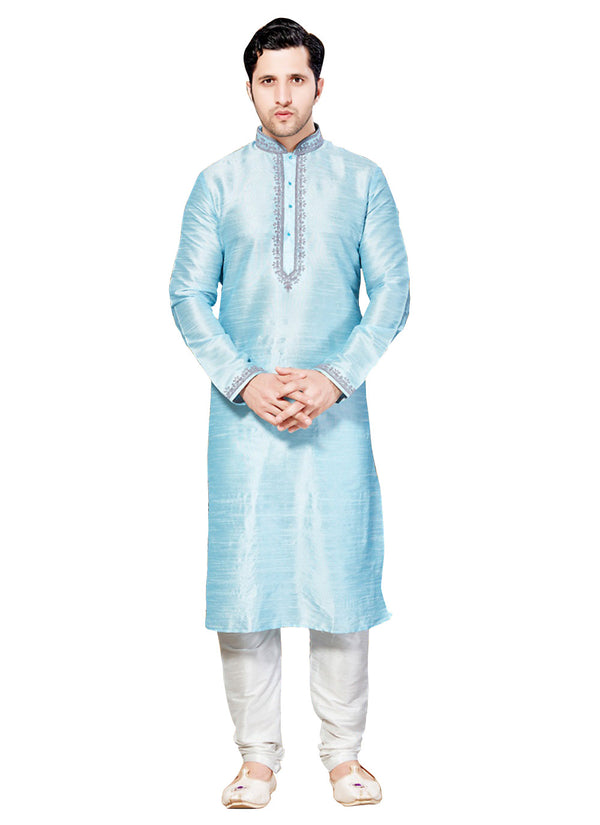 Saris and Things Blue Dupioni Raw Silk Readymade Ethnic Indian Kurta Pajama for Men