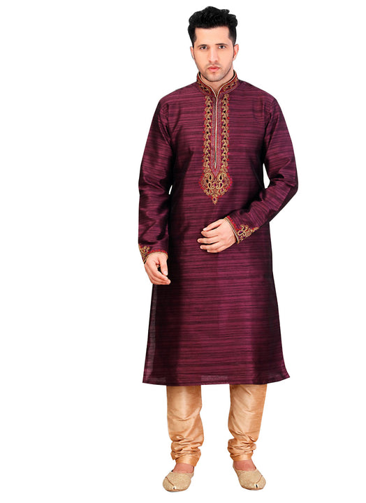 Saris and Things Wine Cotton Silk Readymade Ethnic Indian Kurta Pajama for Men
