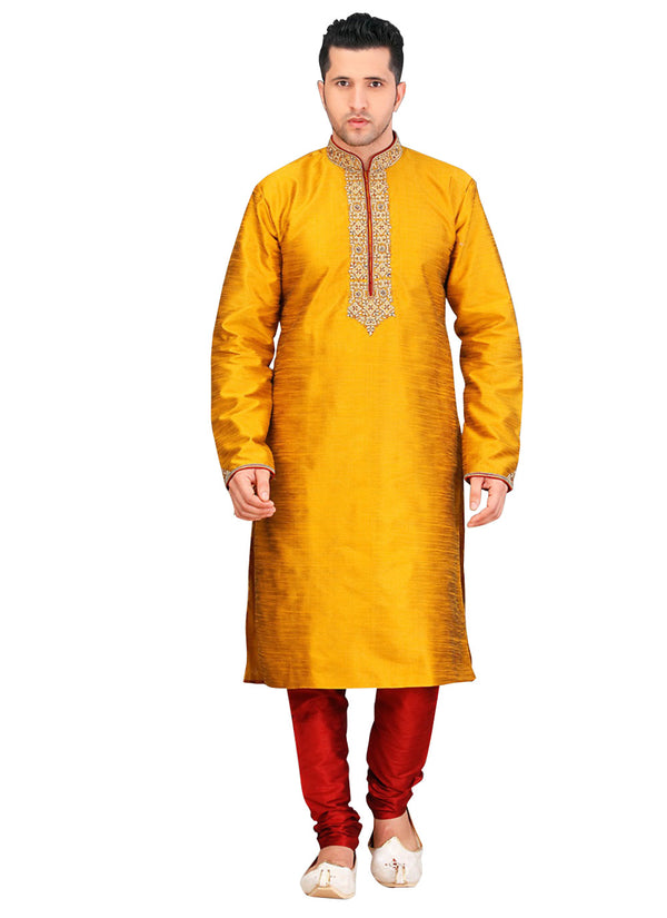 Saris and Things Yellow Dupioni Raw Silk Readymade Ethnic Indian Kurta Pajama for Men