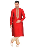 Saris and Things Red Dupioni Raw Silk Readymade Ethnic Indian Kurta Pajama for Men