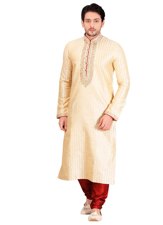 Saris and Things Cream Dupioni Raw Silk Readymade Ethnic Indian Kurta Pajama for Men