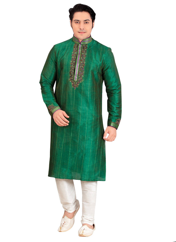 Saris and Things Green Dupioni Raw Silk Readymade Ethnic Indian Kurta Pajama for Men