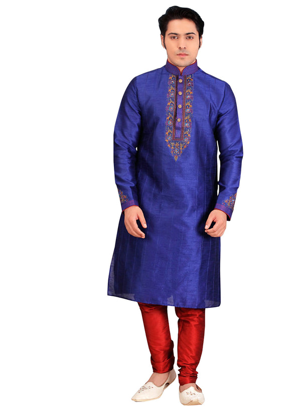 Saris and Things Blue Silk Readymade Ethnic Indian Kurta Pajama for Men