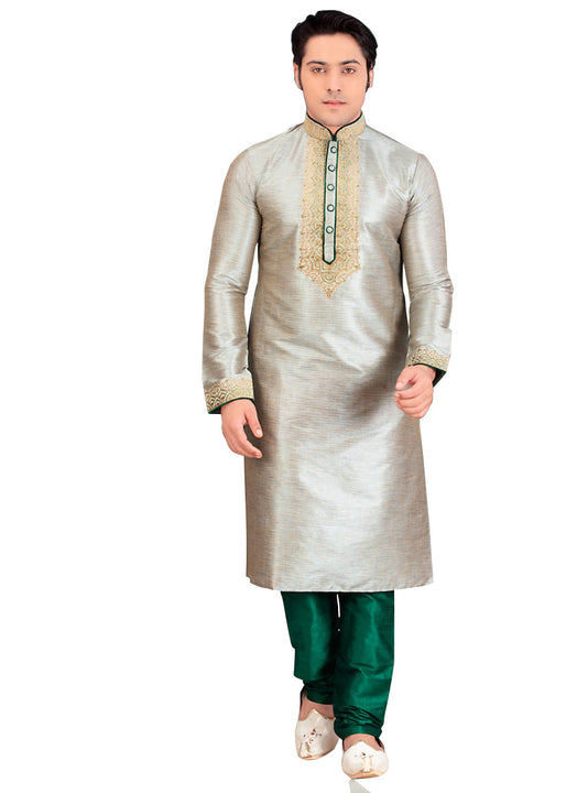 Saris and Things Gray Silk Readymade Ethnic Indian Kurta Pajama for Men