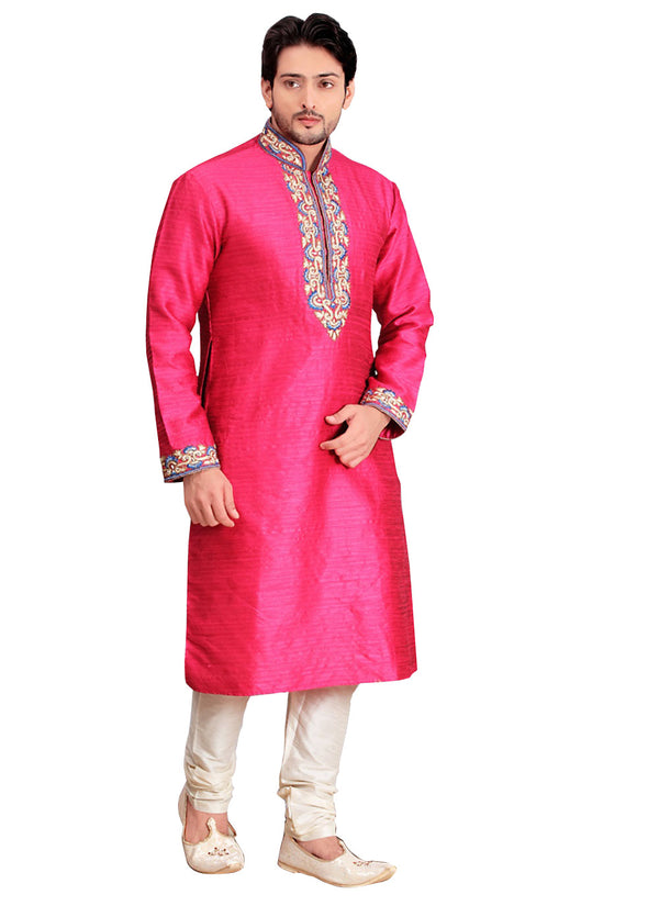 Saris and Things Pink Dupioni Raw Silk Readymade Ethnic Indian Kurta Pajama for Men