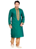 Saris and Things Green Dupioni Raw Silk Readymade Ethnic Indian Kurta Pajama for Men