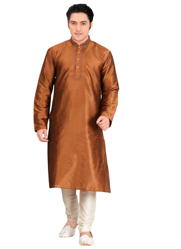 Saris and Things Brown Dupioni Raw Silk Readymade Ethnic Indian Kurta Pajama for Men