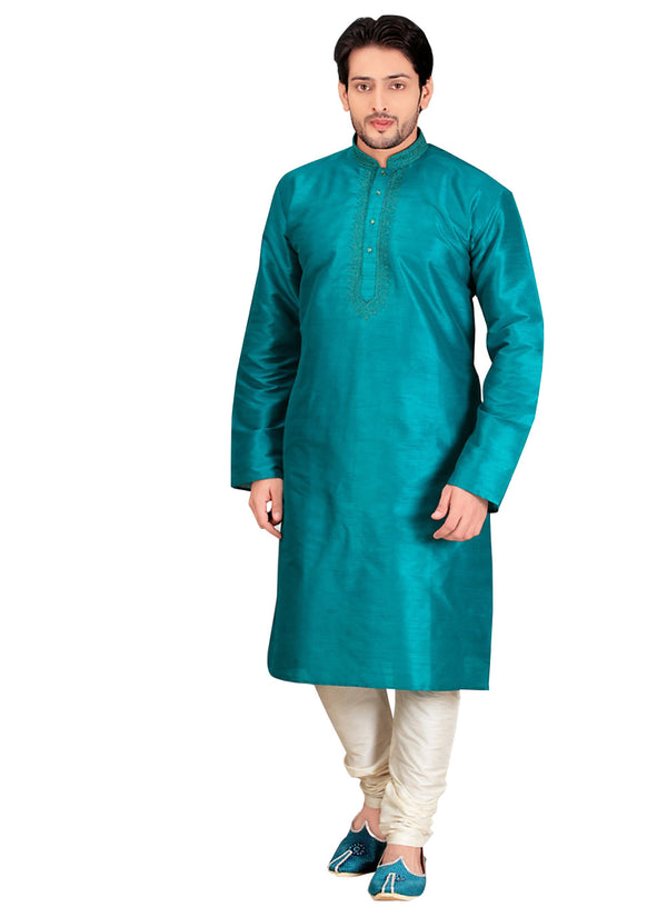 Saris and Things Blue Dupioni Raw Silk Readymade Ethnic Indian Kurta Pajama for Men