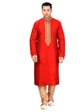 Saris and Things Red Dupioni Raw Silk Readymade Ethnic Indian Kurta Pajama for Men