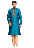 Saris and Things Blue Dupioni Raw Silk Readymade Ethnic Indian Kurta Pajama for Men