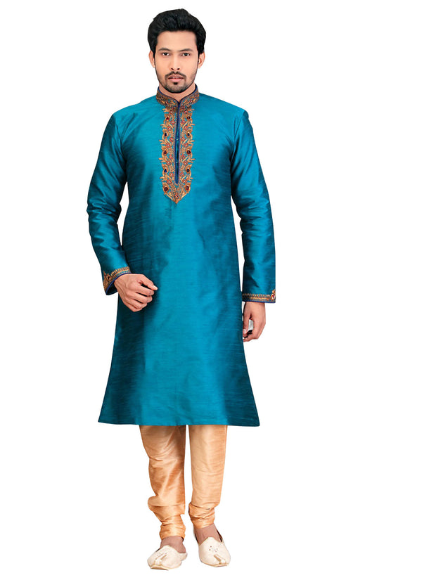 Saris and Things Blue Dupioni Raw Silk Readymade Ethnic Indian Kurta Pajama for Men