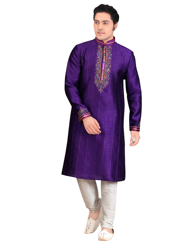 Saris and Things Purple Dupioni Raw Silk Readymade Ethnic Indian Kurta Pajama for Men