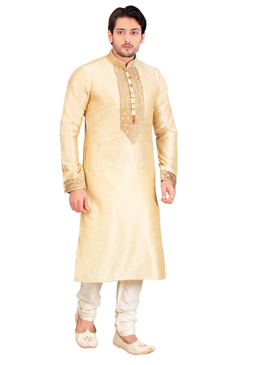 Saris and Things Cream Dupioni Raw Silk Readymade Ethnic Indian Kurta Pajama for Men