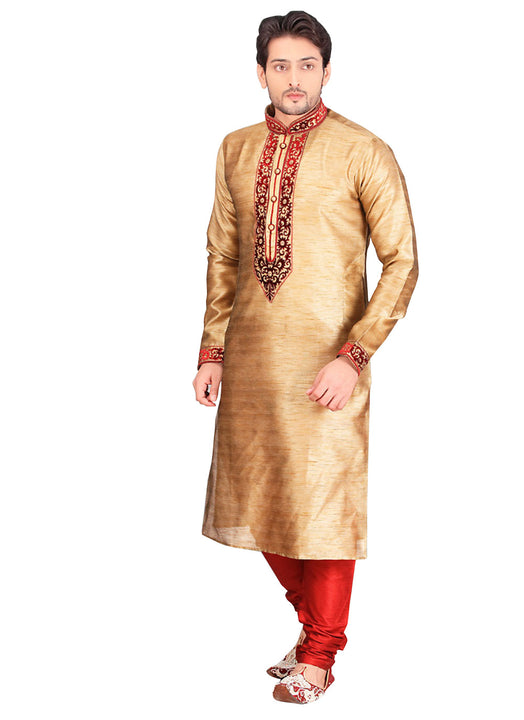 Saris and Things Brown Dupioni Raw Silk Readymade Ethnic Indian Kurta Pajama for Men