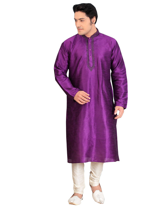 Saris and Things Purple Dupioni Raw Silk Readymade Ethnic Indian Kurta Pajama for Men