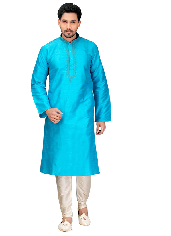 Saris and Things Blue Dupioni Raw Silk Readymade Ethnic Indian Kurta Pajama for Men