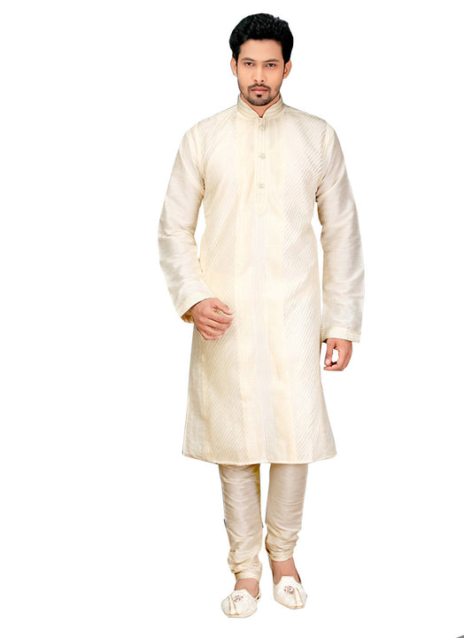 Saris and Things Cream Dupioni Raw Silk Readymade Ethnic Indian Kurta Pajama for Men