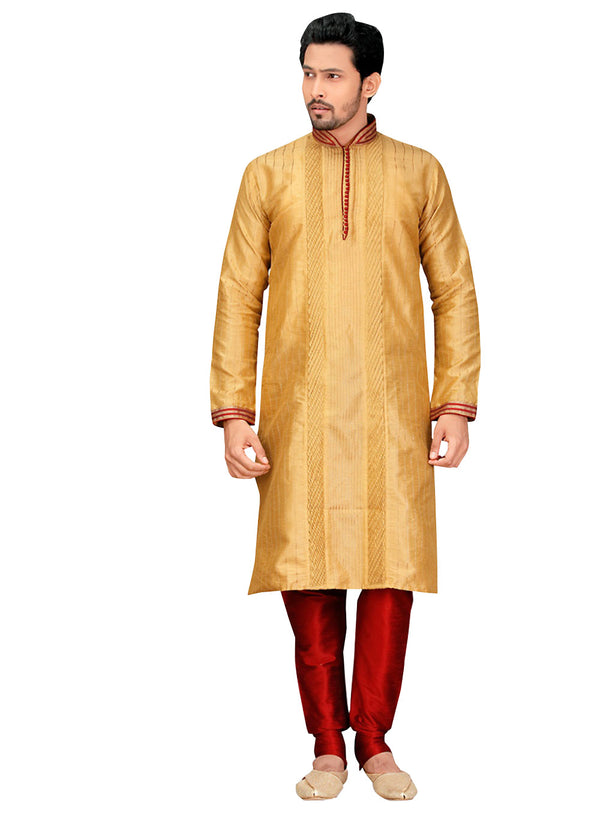 Saris and Things Brown Dupioni Raw Silk Readymade Ethnic Indian Kurta Pajama for Men