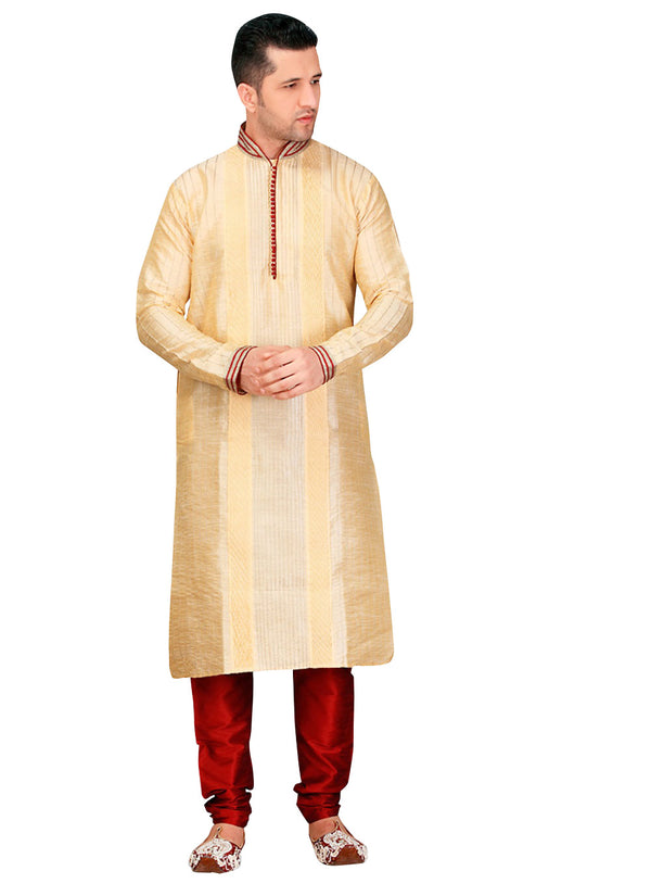 Saris and Things Beige Dupioni Raw Silk Readymade Ethnic Indian Kurta Pajama for Men