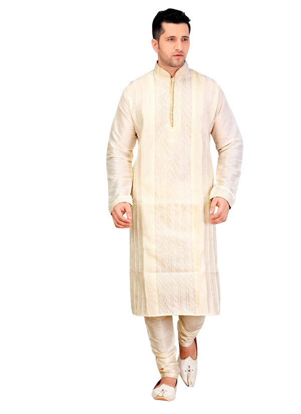 Saris and Things Cream Dupioni Raw Silk Readymade Ethnic Indian Kurta Pajama for Men