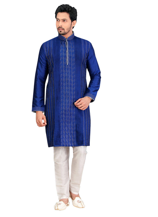 Saris and Things Blue Dupioni Raw Silk Readymade Ethnic Indian Kurta Pajama for Men