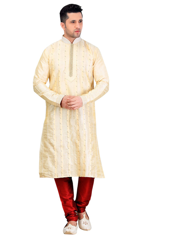 Saris and Things Cream Dupioni Raw Silk Readymade Ethnic Indian Kurta Pajama for Men