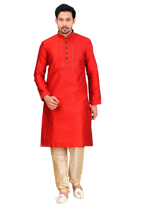 Saris and Things Red Dupioni Raw Silk Readymade Ethnic Indian Kurta Pajama for Men