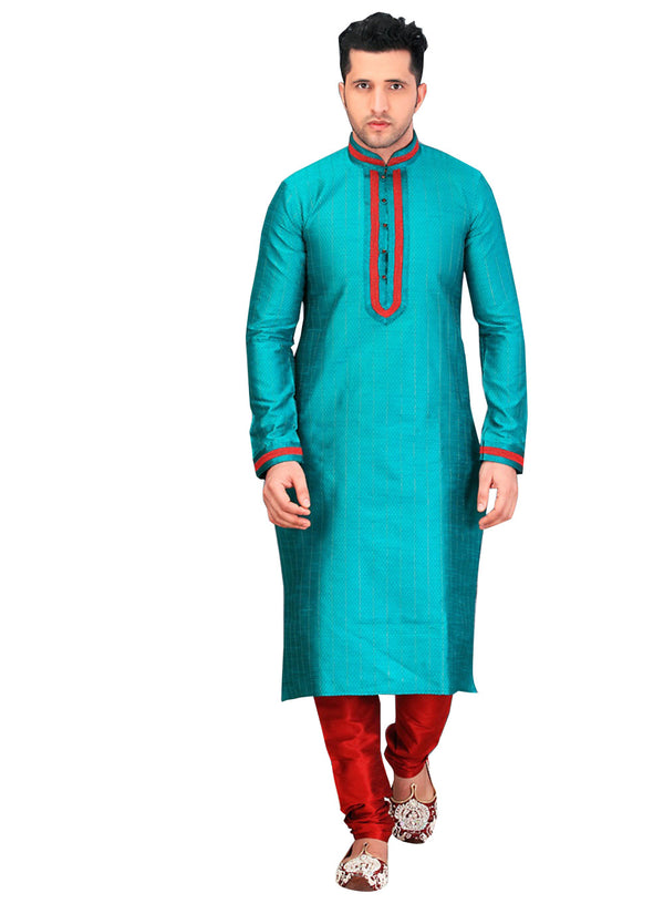 Saris and Things Blue Dupioni Raw Silk Readymade Ethnic Indian Kurta Pajama for Men