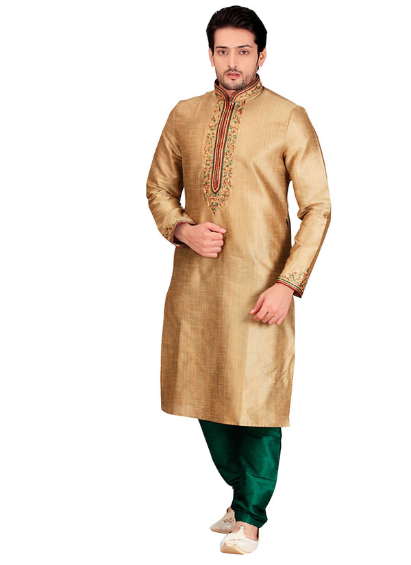 Saris and Things Beige Dupioni Raw Silk Readymade Ethnic Indian Kurta Pajama for Men