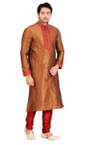 Saris and Things Brown Dupioni Raw Silk Readymade Ethnic Indian Kurta Pajama for Men