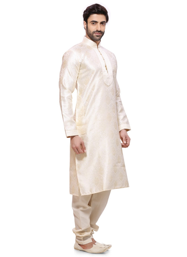 Saris and Things White Brocade Readymade Ethnic Indian Kurta Pajama for Men