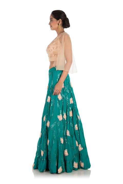 Hand Embroidery Bottle Green Lehenga Set