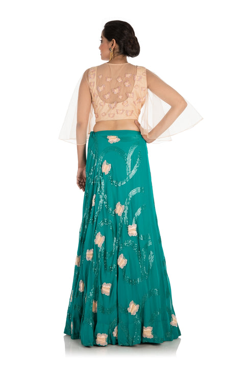 Hand Embroidery Bottle Green Lehenga Set