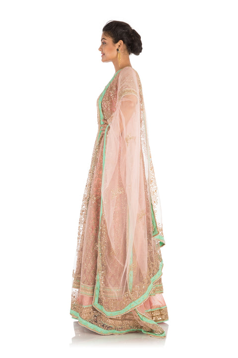 Full Hand Embroidered Pretty Peach Jacket Lehenga Set