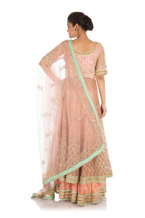 Full Hand Embroidered Pretty Peach Jacket Lehenga Set