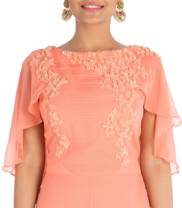 Hand Embroidered Apricot Backside Cape Gown