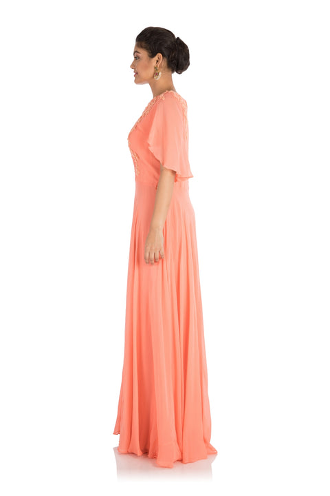 Hand Embroidered Apricot Backside Cape Gown