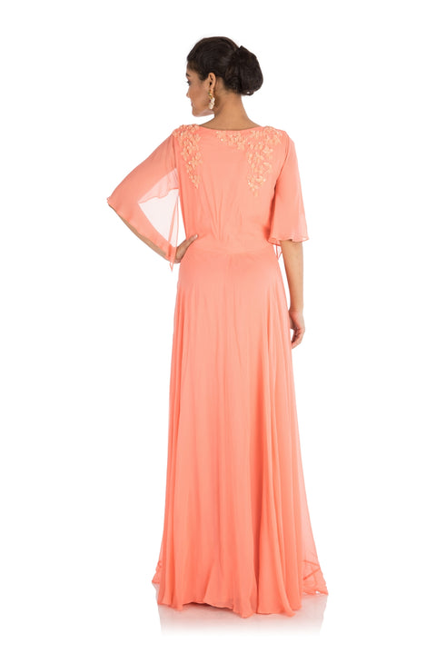 Hand Embroidered Apricot Backside Cape Gown
