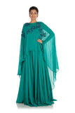 Hand Embroidered Pine Green Long Cape Gown