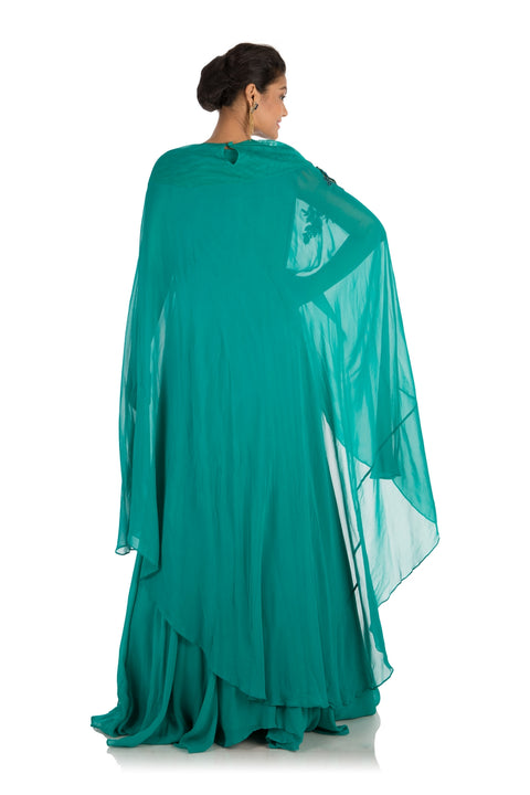 Hand Embroidered Pine Green Long Cape Gown