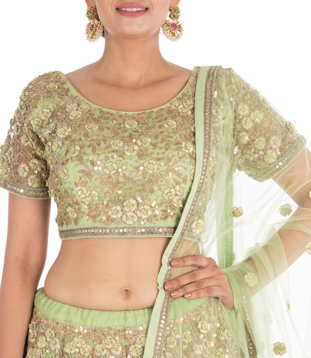 Complete Hand Embroidered Pistachio Green Heavy Lehenga Set